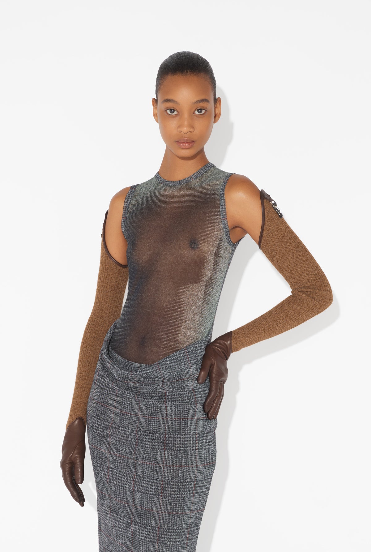 Mesh Long Dress Double Layer Printed "Body Shadow" And "Prince Of Wales" - Lightgrey & Vanilla & Red