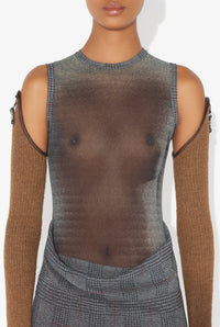 Mesh Long Dress Double Layer Printed "Body Shadow" And "Prince Of Wales" - Lightgrey & Vanilla & Red