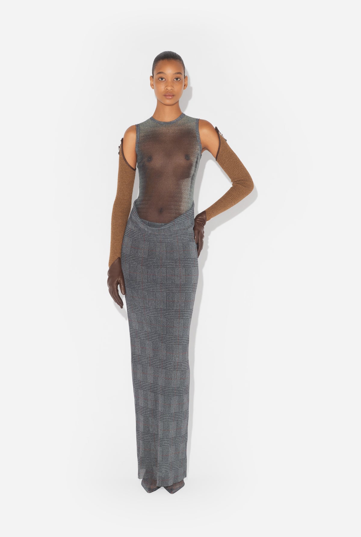 Mesh Long Dress Double Layer Printed "Body Shadow" And "Prince Of Wales" - Lightgrey & Vanilla & Red