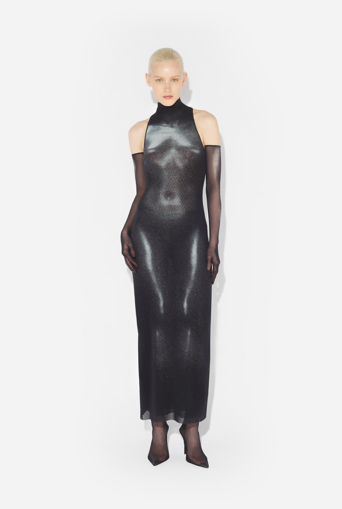 Mesh High Neck Long Dress Printed "Body Dust" With Sparkles Spray - Black & Silver