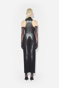 Mesh High Neck Long Dress Printed "Body Dust" With Sparkles Spray - Black & Silver