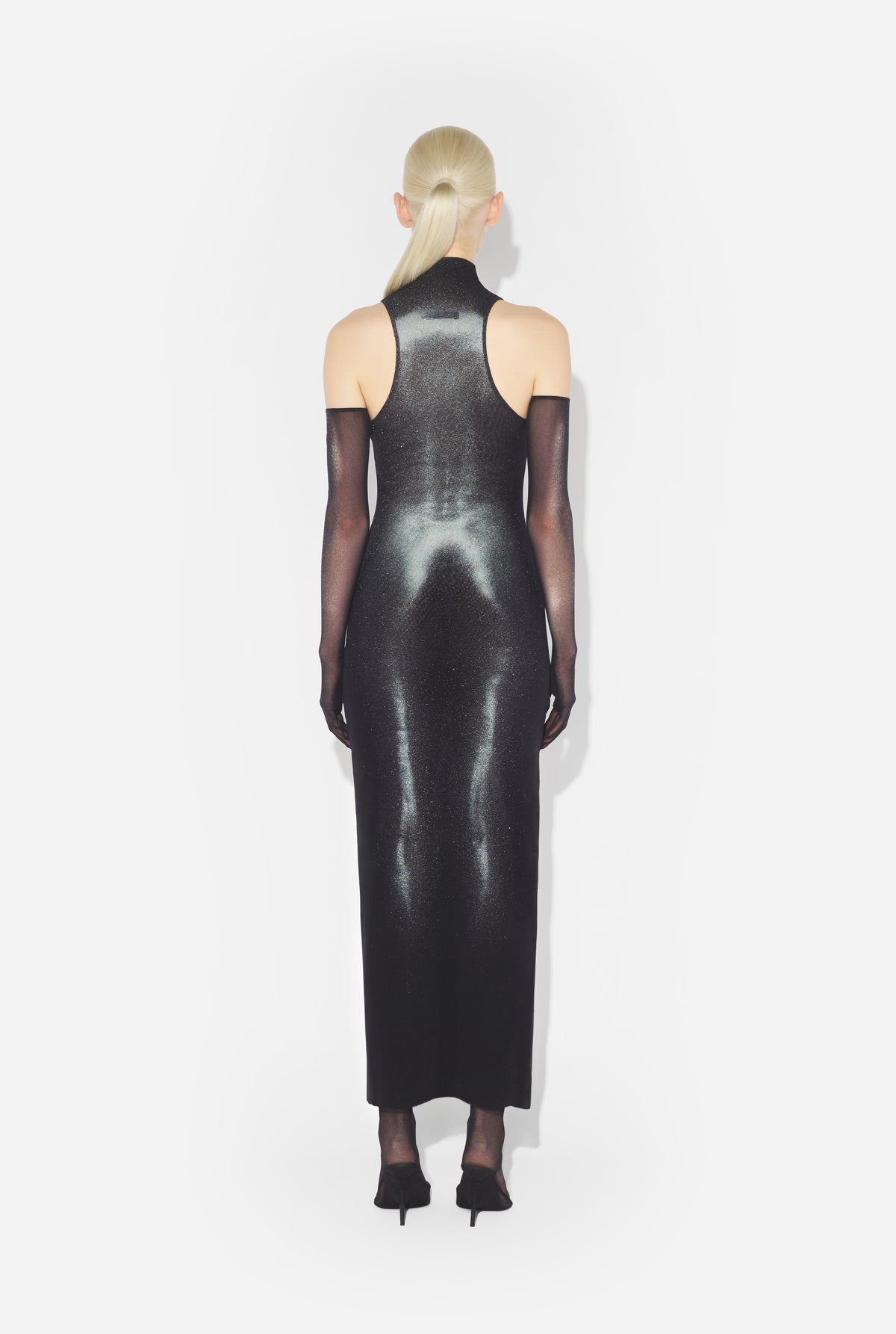 Mesh High Neck Long Dress Printed "Body Dust" With Sparkles Spray - Black & Silver