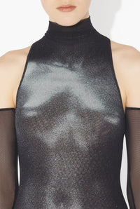 Mesh High Neck Long Dress Printed "Body Dust" With Sparkles Spray - Black & Silver