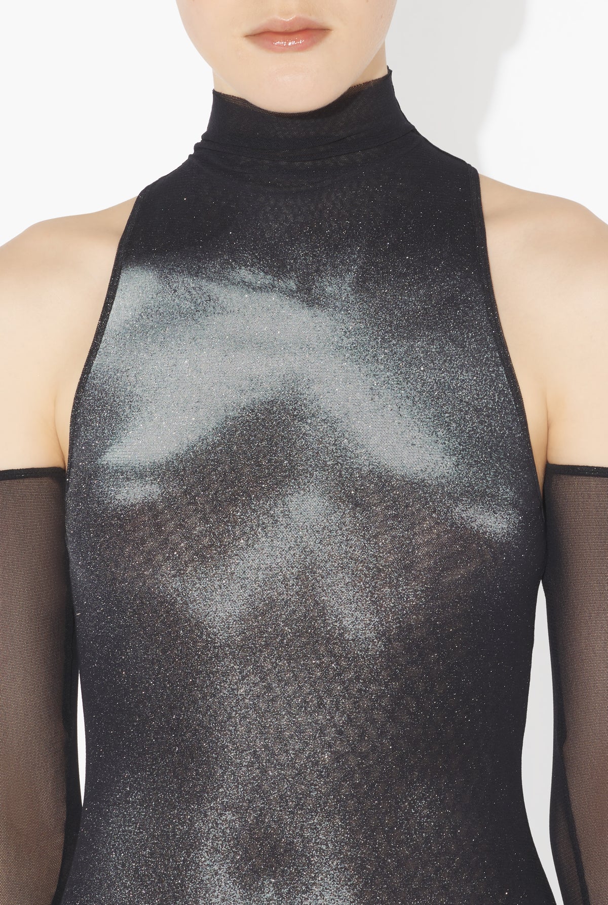 Mesh High Neck Long Dress Printed "Body Dust" With Sparkles Spray - Black & Silver