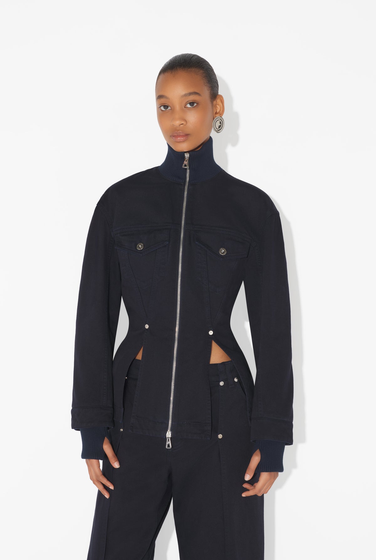 Overdyed Fitted Denim Jacket With Ribbed Cuff And Collar - Navy