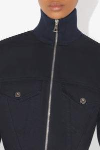 Overdyed Fitted Denim Jacket With Ribbed Cuff And Collar - Navy