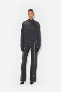 Denim High Neck Zipped Jacket With Gloves - Vintageblack