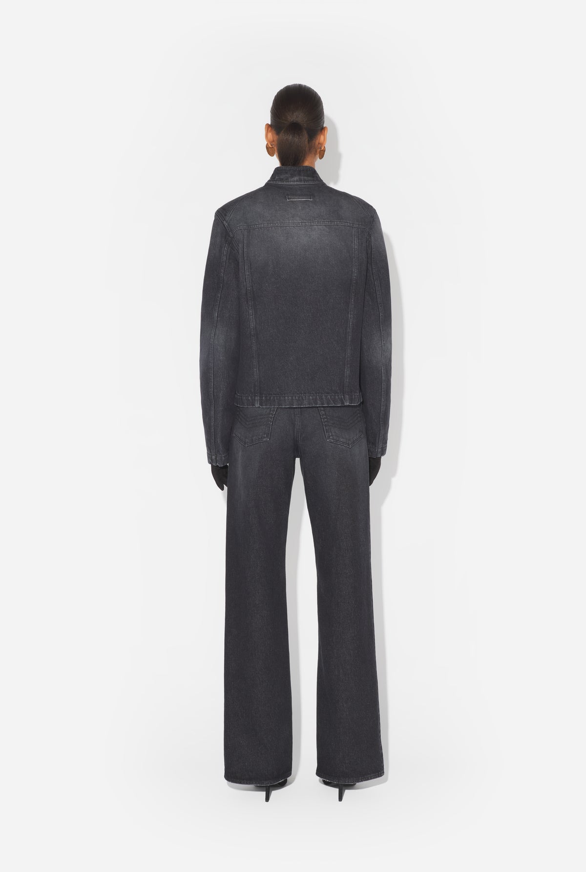 Denim High Neck Zipped Jacket With Gloves - Vintageblack