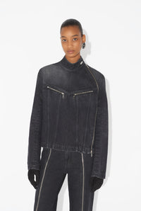 Denim High Neck Zipped Jacket With Gloves - Vintageblack