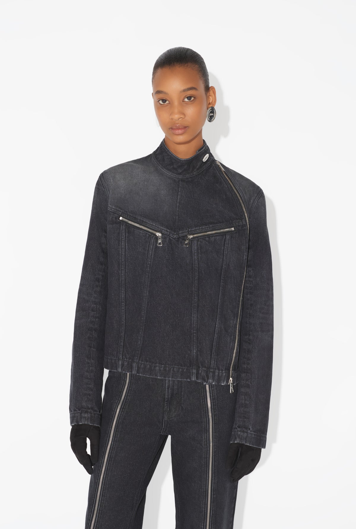 Denim High Neck Zipped Jacket With Gloves - Vintageblack