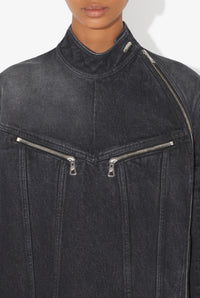 Denim High Neck Zipped Jacket With Gloves - Vintageblack