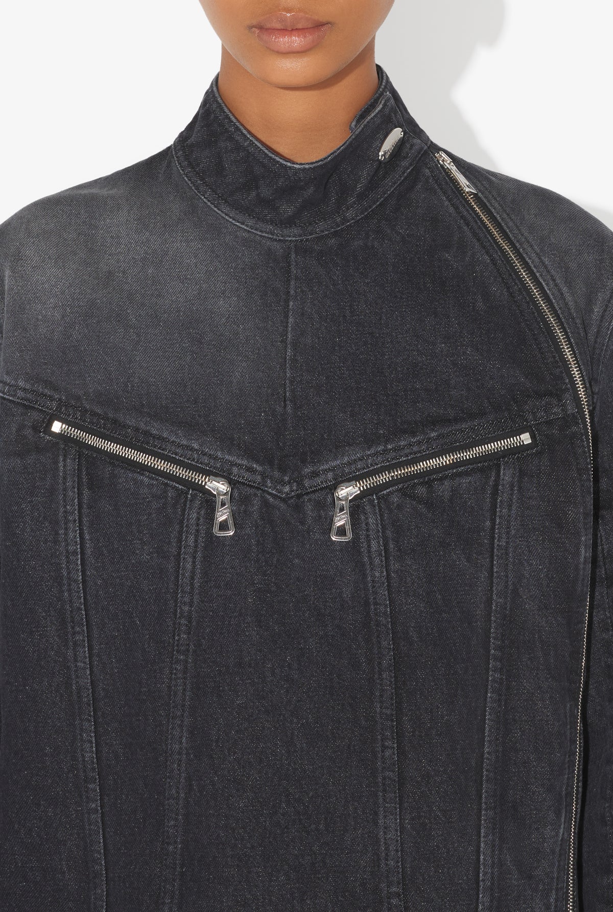 Denim High Neck Zipped Jacket With Gloves - Vintageblack