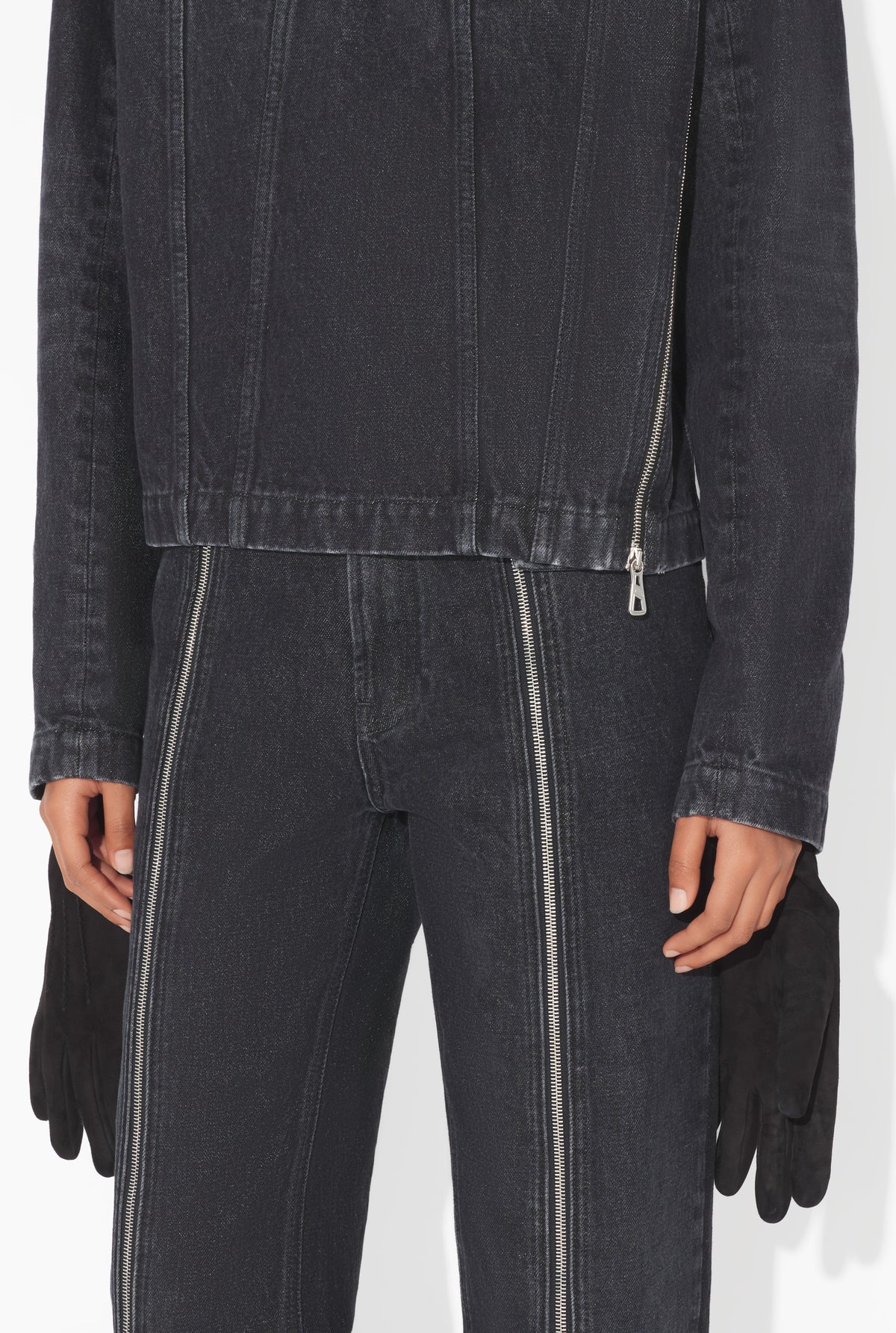 Denim High Neck Zipped Jacket With Gloves - Vintageblack