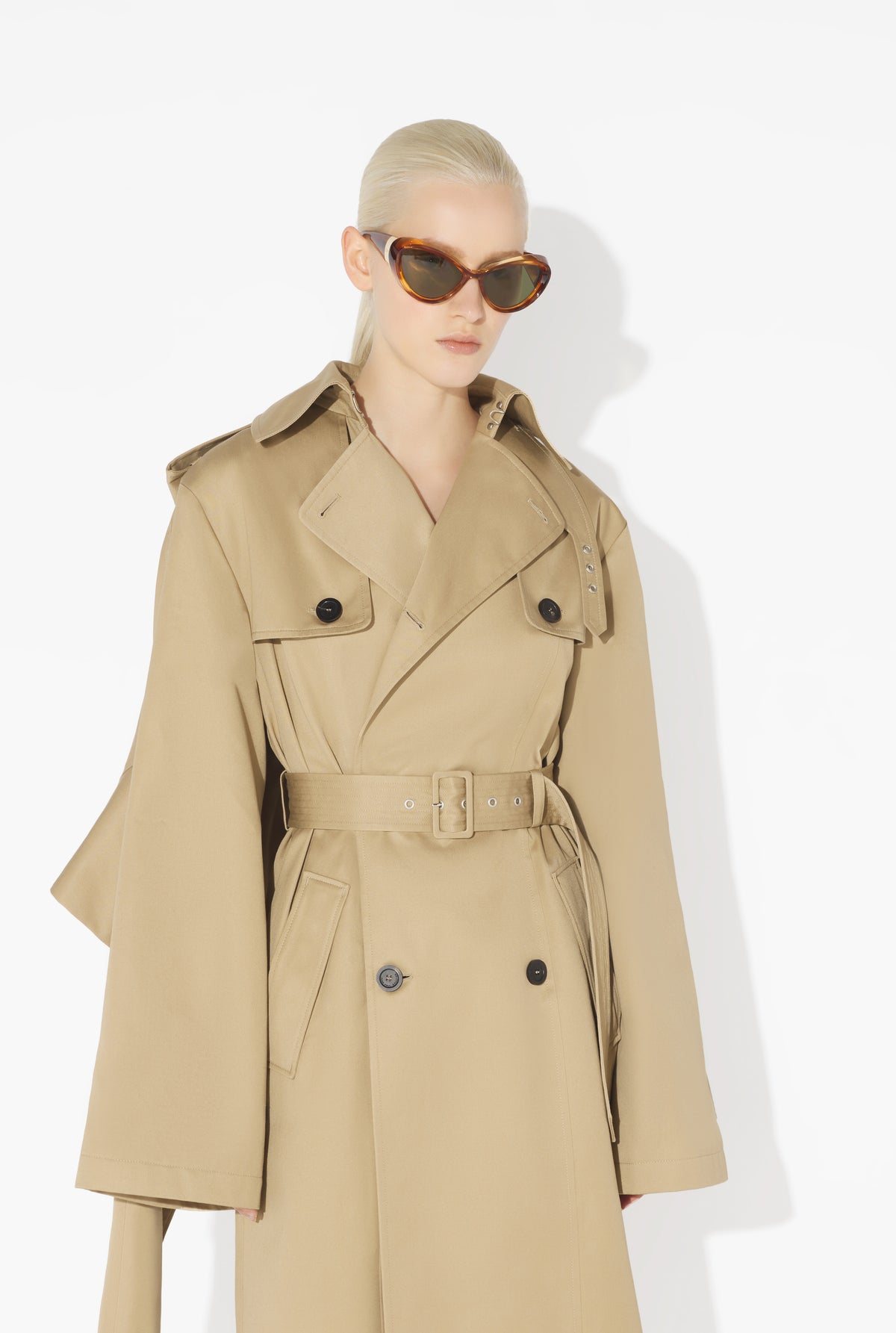 Trench With Hood And Sleeves Scarf Detail - Beige