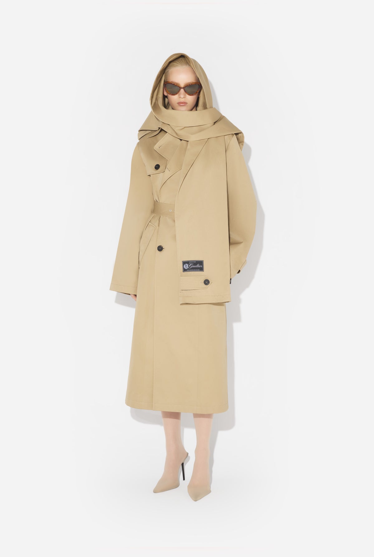 Trench With Hood And Sleeves Scarf Detail - Beige