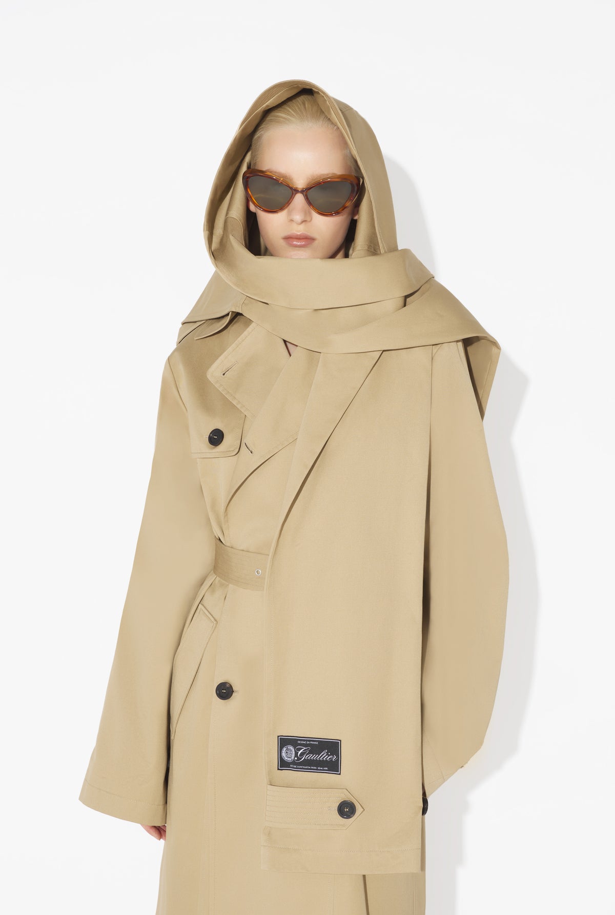 Trench With Hood And Sleeves Scarf Detail - Beige