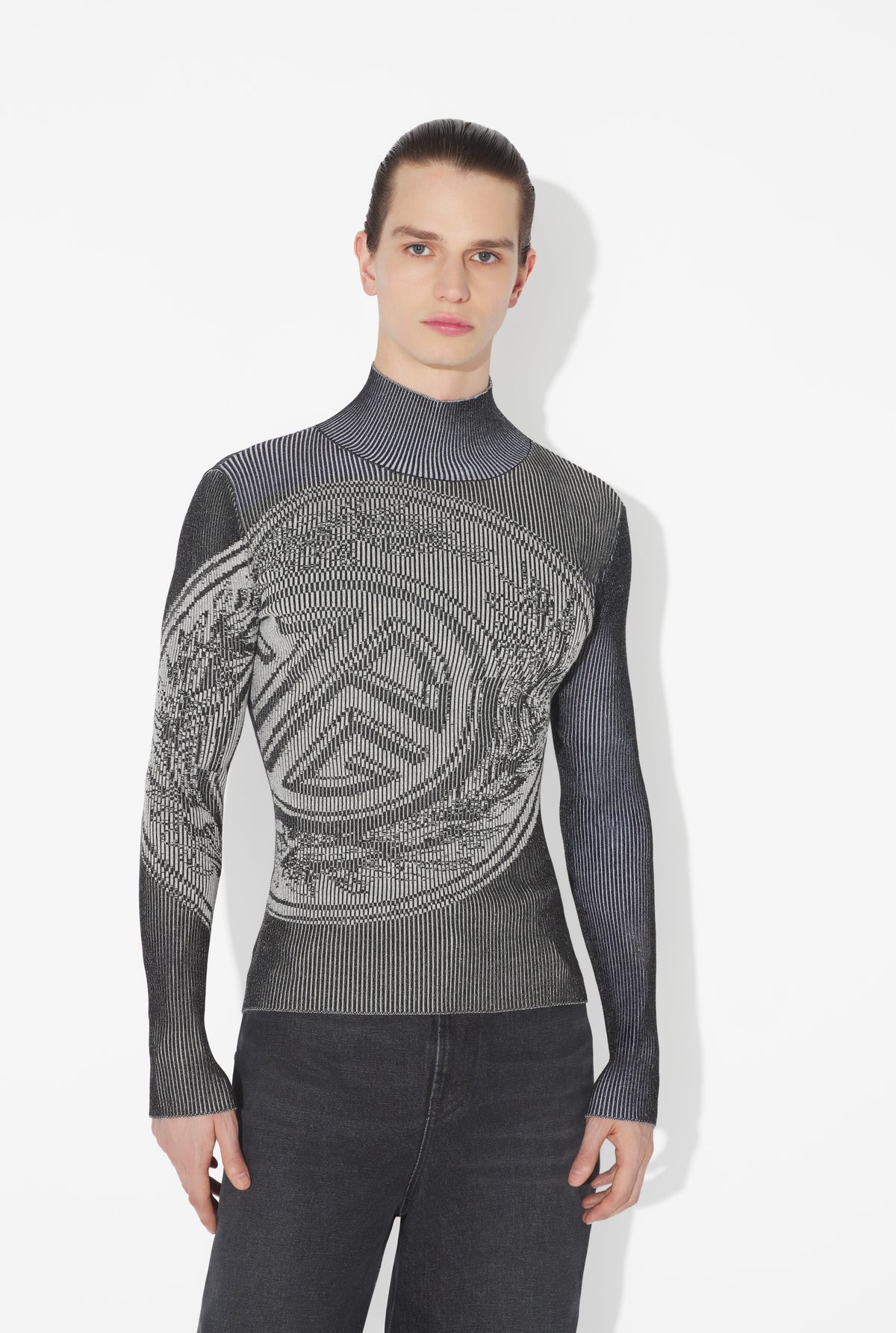 Plaited Rib 2X2 Long Sleeves Pullover With Jacquard "Jpg Laurier Stamp" Logo - Black & White