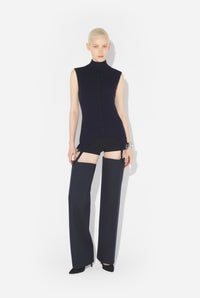 Merino Wool Flat Rib Sleeveless Gilet With Lingerie Garter - Navy