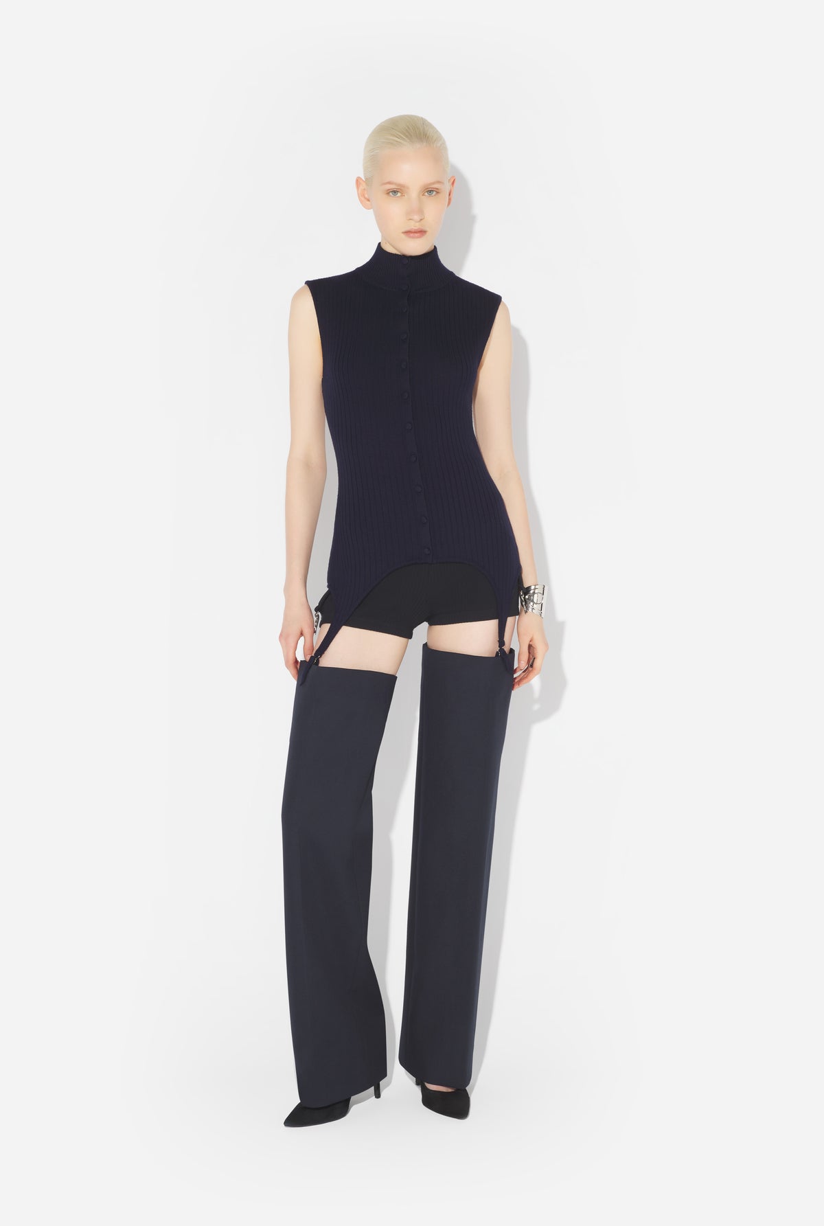 Merino Wool Flat Rib Sleeveless Gilet With Lingerie Garter - Navy