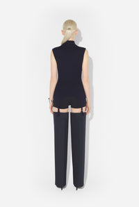 Merino Wool Flat Rib Sleeveless Gilet With Lingerie Garter - Navy