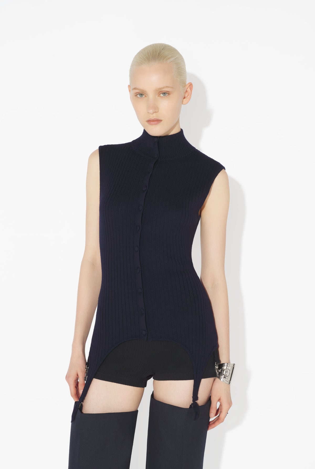Merino Wool Flat Rib Sleeveless Gilet With Lingerie Garter - Navy