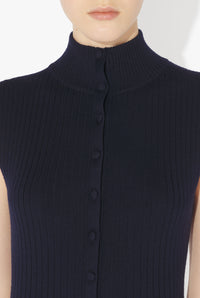 Merino Wool Flat Rib Sleeveless Gilet With Lingerie Garter - Navy