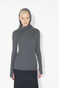 Merino Wool Flat Rib Asymetric Hood Pullover - Middlegrey