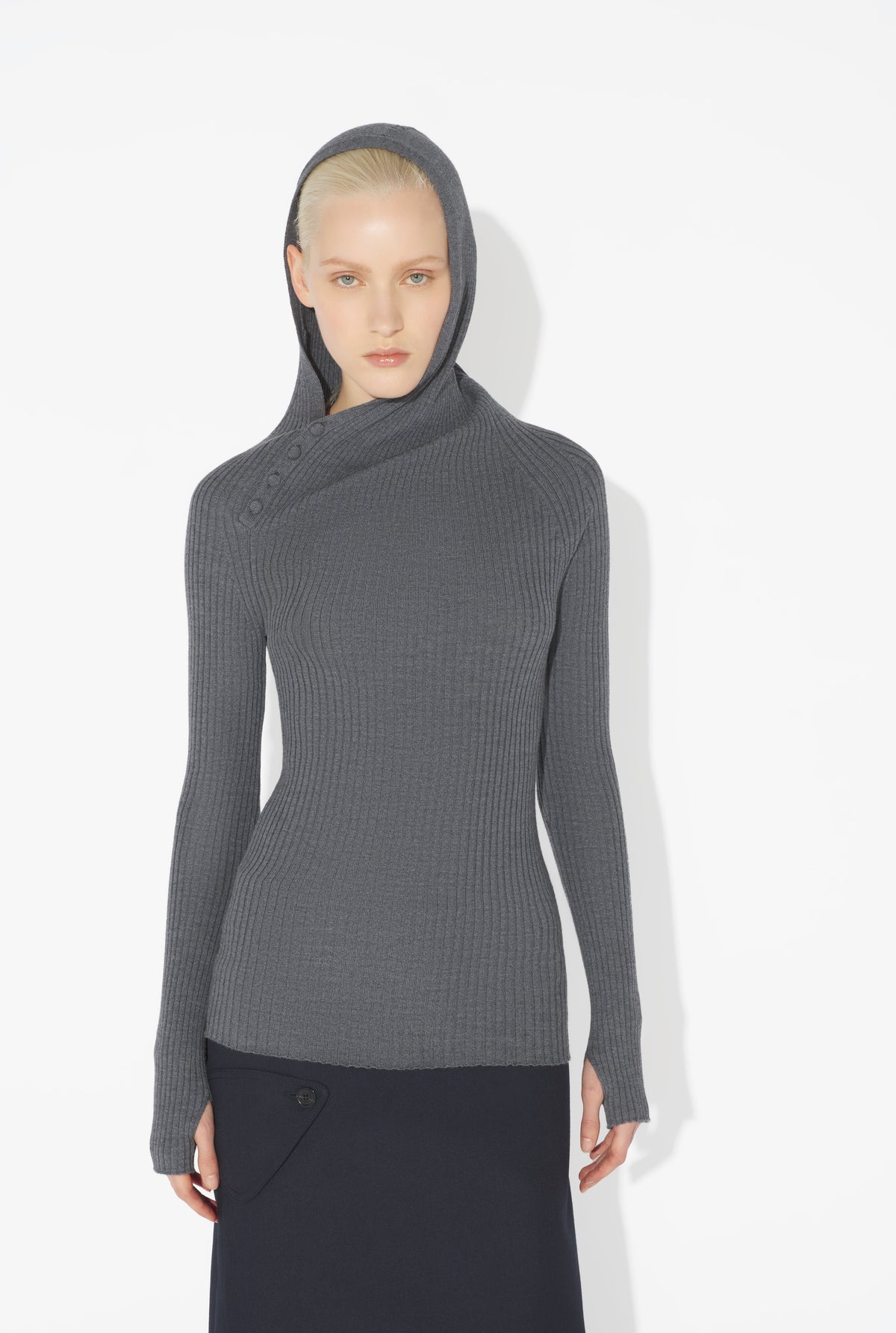 Merino Wool Flat Rib Asymetric Hood Pullover - Middlegrey