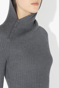 Merino Wool Flat Rib Asymetric Hood Pullover - Middlegrey