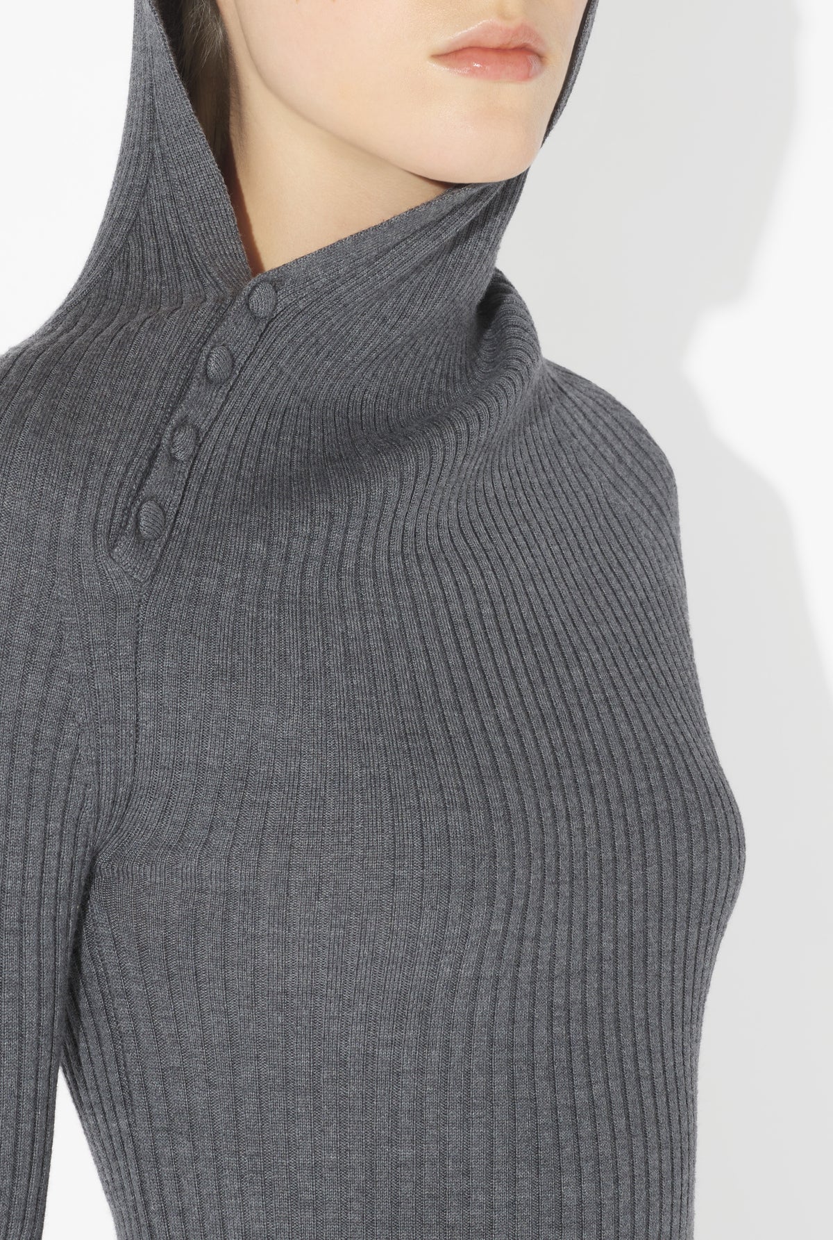 Merino Wool Flat Rib Asymetric Hood Pullover - Middlegrey