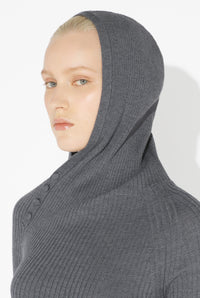 Merino Wool Flat Rib Asymetric Hood Pullover - Middlegrey