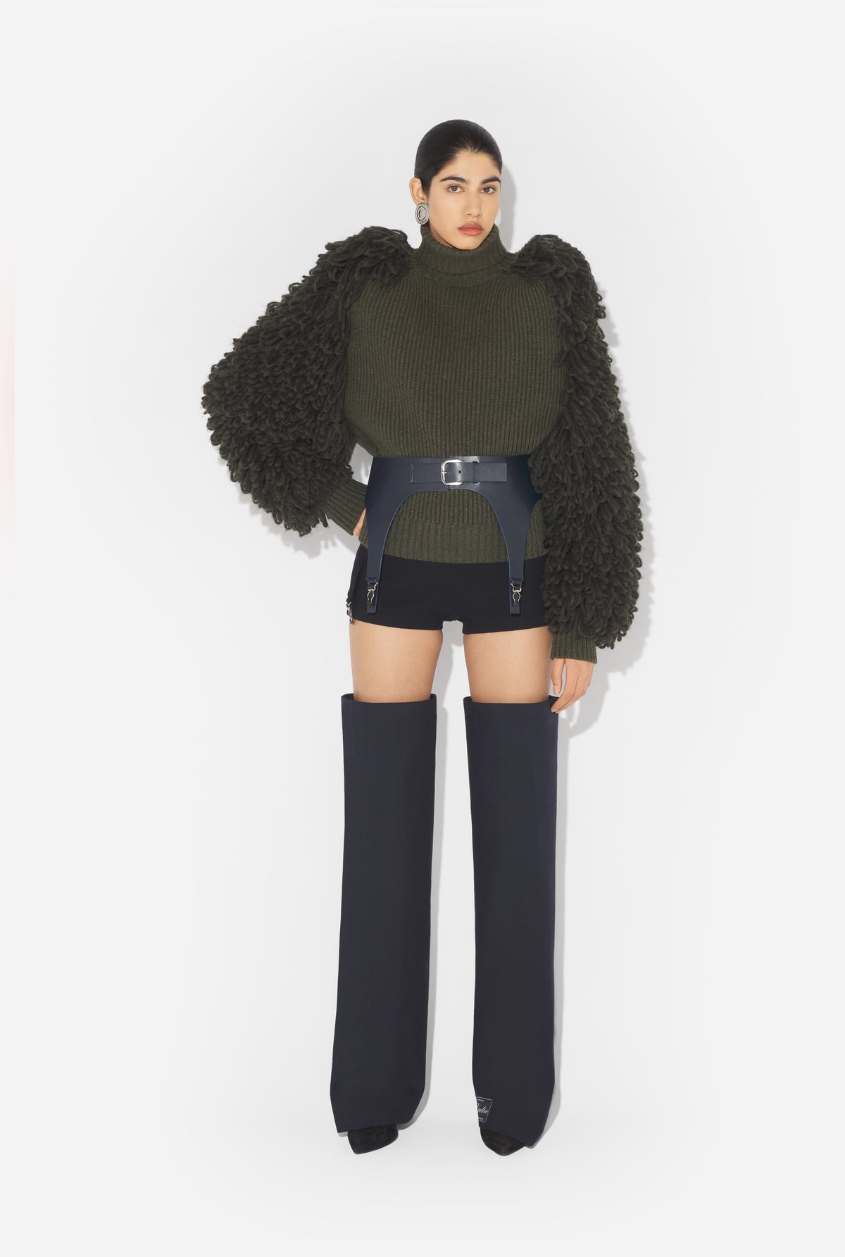 Mix Wool Fur Stitch And Fisherman Rib High Neck Long Sleeves Pullover - Darkkhaki
