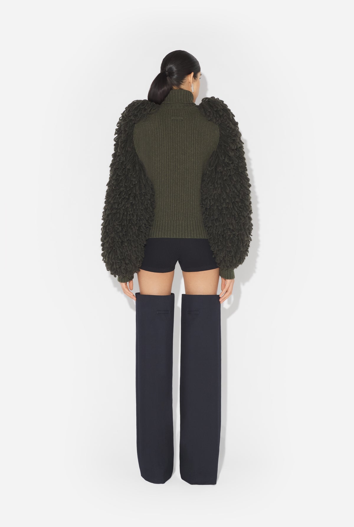 Mix Wool Fur Stitch And Fisherman Rib High Neck Long Sleeves Pullover - Darkkhaki