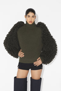 Mix Wool Fur Stitch And Fisherman Rib High Neck Long Sleeves Pullover - Darkkhaki