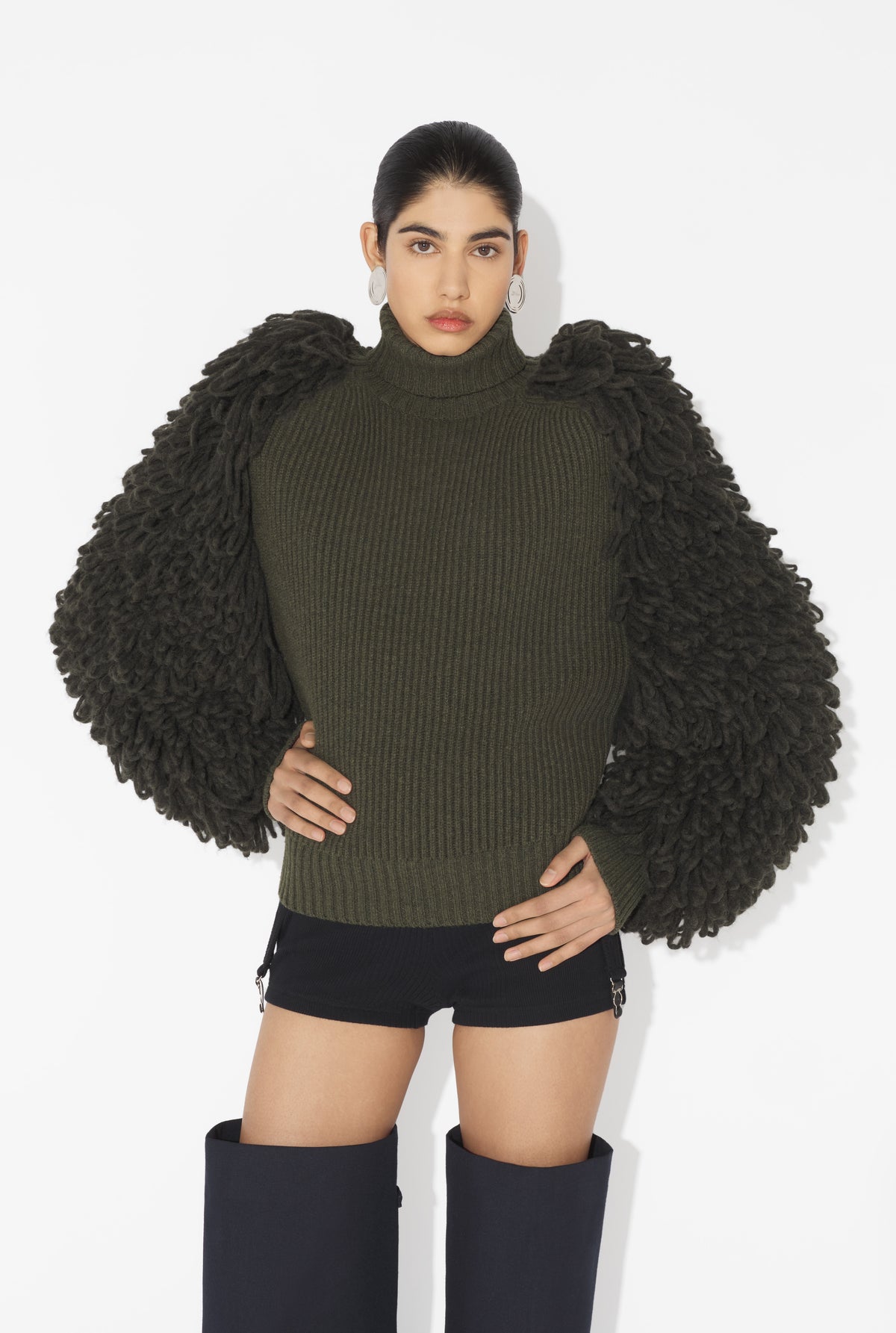 Mix Wool Fur Stitch And Fisherman Rib High Neck Long Sleeves Pullover - Darkkhaki