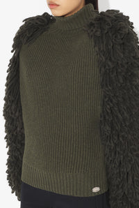 Mix Wool Fur Stitch And Fisherman Rib High Neck Long Sleeves Pullover - Darkkhaki