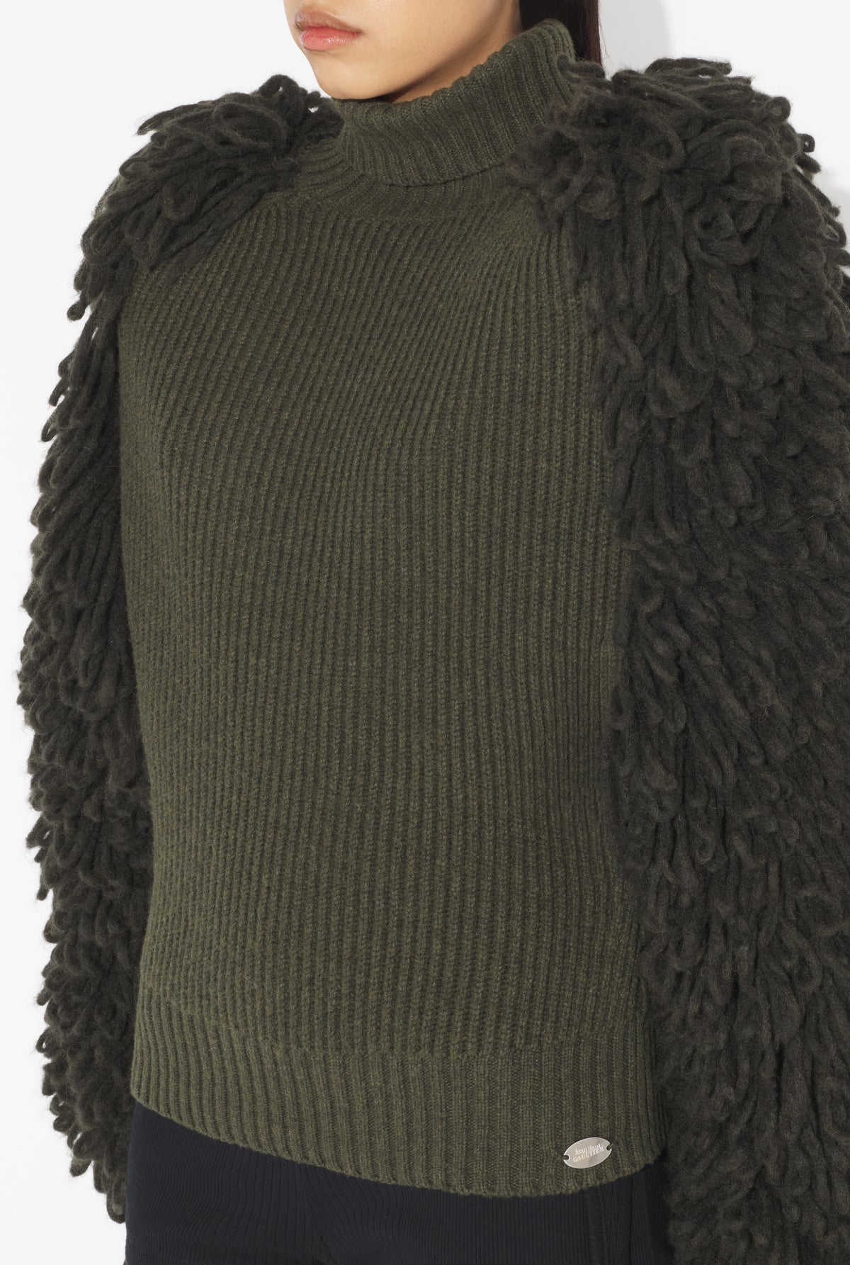 Mix Wool Fur Stitch And Fisherman Rib High Neck Long Sleeves Pullover - Darkkhaki
