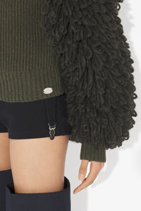 Mix Wool Fur Stitch And Fisherman Rib High Neck Long Sleeves Pullover - Darkkhaki