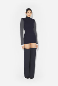 Stretch Merino Wool Flat Rib High Neck Body Suit With Tailored Sleeeves - Navy & Darkgrey