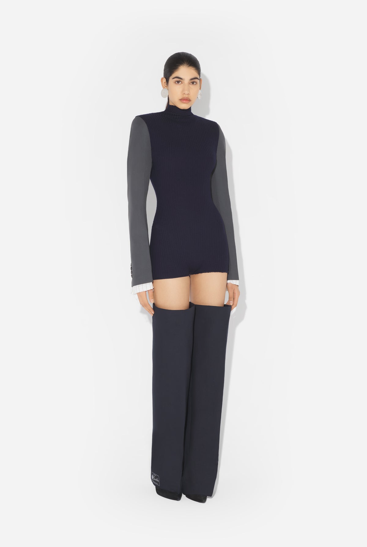 Stretch Merino Wool Flat Rib High Neck Body Suit With Tailored Sleeeves - Navy & Darkgrey