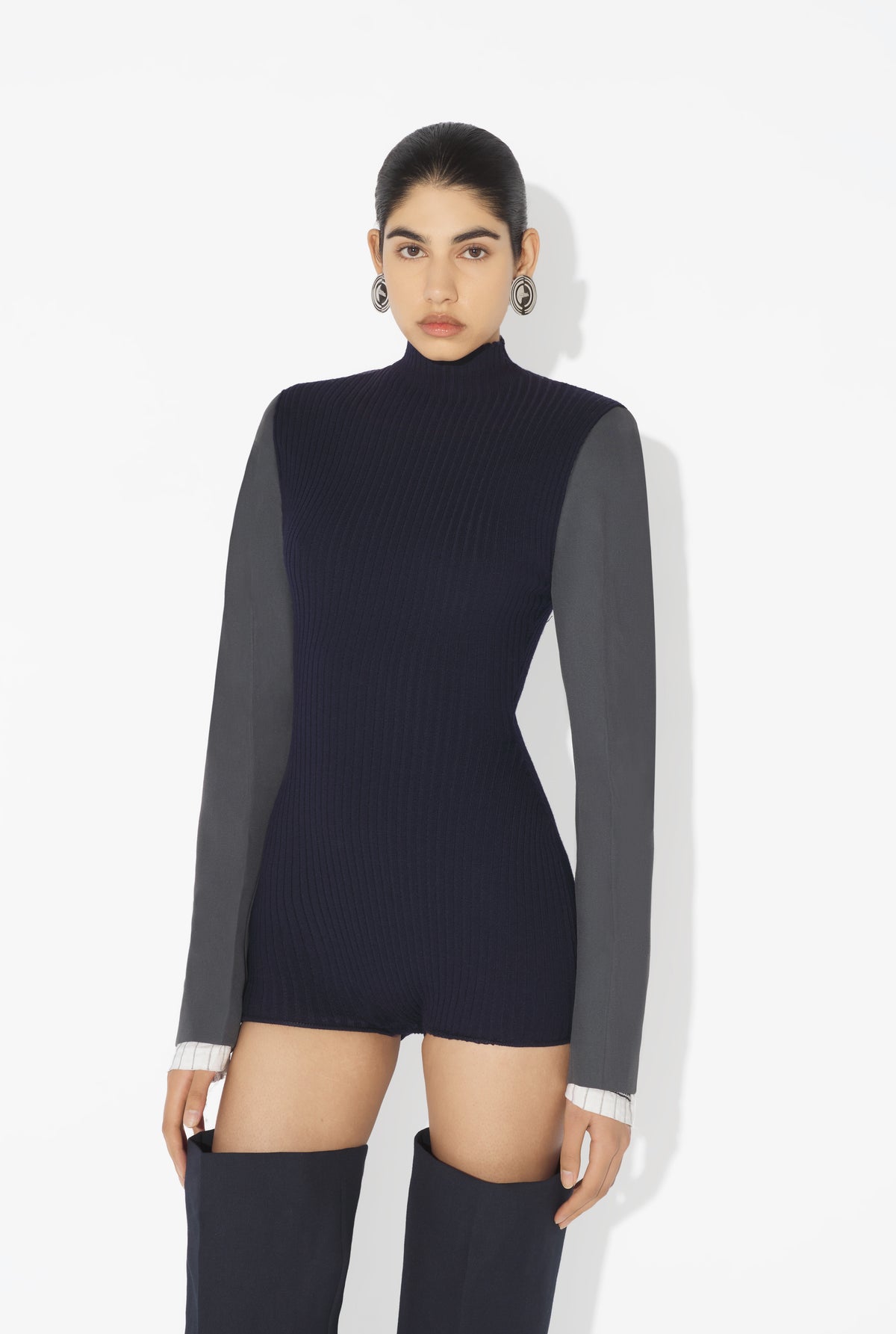 Stretch Merino Wool Flat Rib High Neck Body Suit With Tailored Sleeeves - Navy & Darkgrey