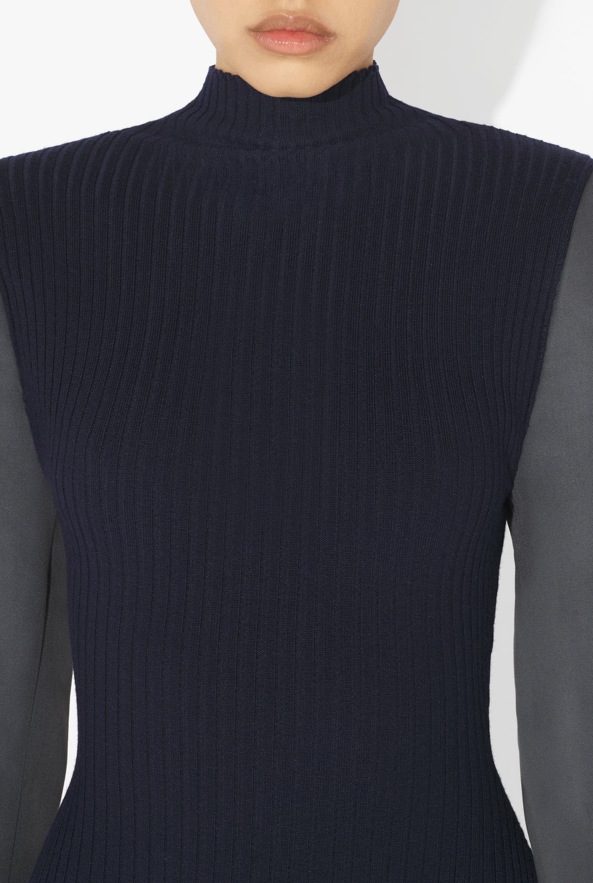 Stretch Merino Wool Flat Rib High Neck Body Suit With Tailored Sleeeves - Navy & Darkgrey