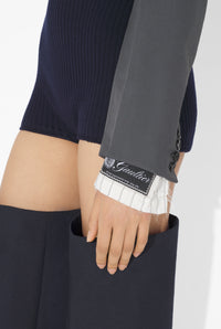 Stretch Merino Wool Flat Rib High Neck Body Suit With Tailored Sleeeves - Navy & Darkgrey