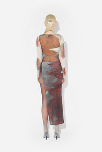 Mesh Mini Short With Asymetric Skirt Printed "Blurry Roses" - White & Grey & Red