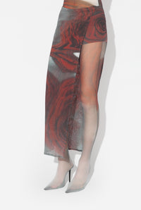 Mesh Mini Short With Asymetric Skirt Printed "Blurry Roses" - White & Grey & Red