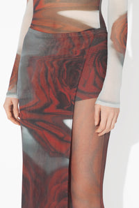 Mesh Mini Short With Asymetric Skirt Printed "Blurry Roses" - White & Grey & Red