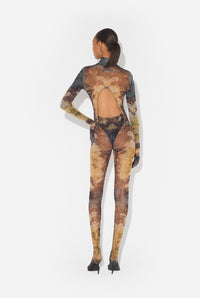 Mesh Body With Open Back Printed "Médaillon" - Black & Vintageblue & Green