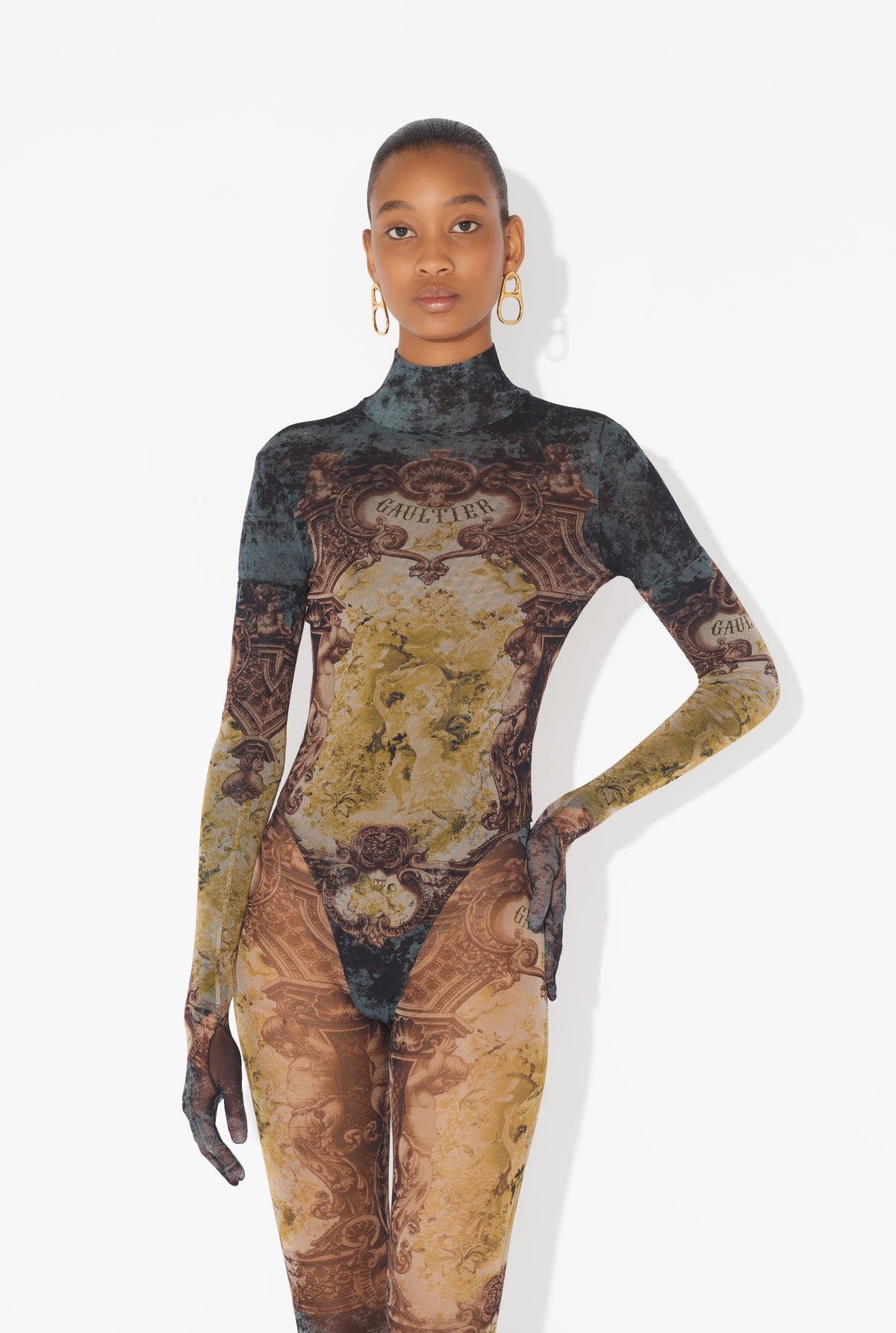 Mesh Body With Open Back Printed "Médaillon" - Black & Vintageblue & Green