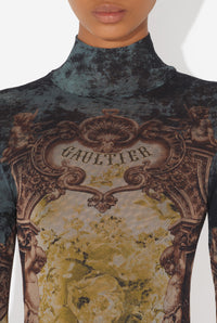 Mesh Body With Open Back Printed "Médaillon" - Black & Vintageblue & Green