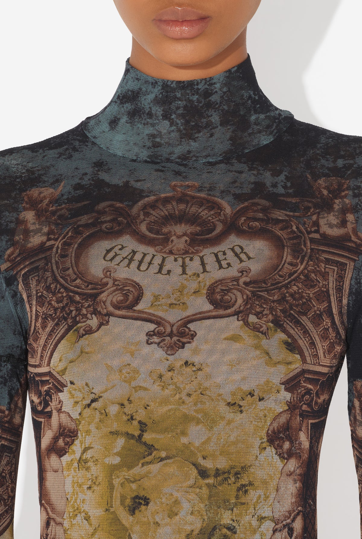 Mesh Body With Open Back Printed "Médaillon" - Black & Vintageblue & Green
